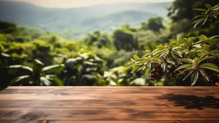 The empty wooden table top with coffee shrubs plants background, Product display template.の素材