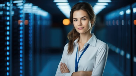 Female IT Specialist is standing in data center near server racks.の素材
