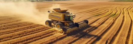 Combine harvesting in agriculture fields at sunset.の素材