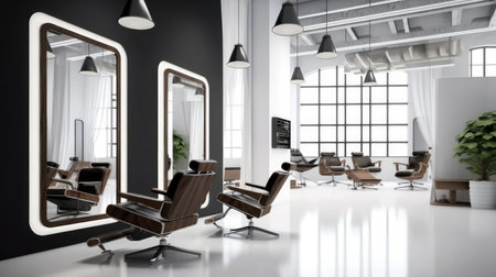 Modern beauty salon with chairs in row and mirror.の素材