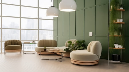 White and green living room with armchairs in open space office interior.の素材