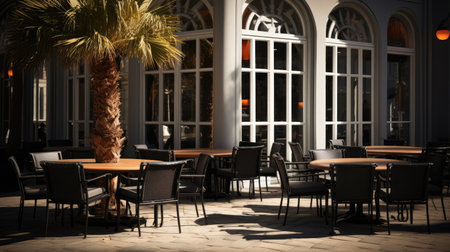 The outside of coffee shop tone black, There is a table and chairs.の素材