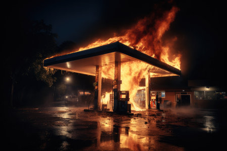 Gasoline dispenser on fire with flames going all.の素材