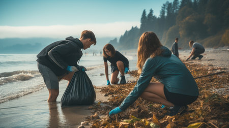 Group of volunteers working together to remove litter from the shoreline.の素材
