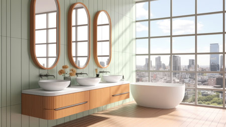 Modern bathroom interior with double sink and mirror, Accessories and window.の素材