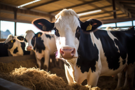 Cows in the cowshed, Black and white cows.の素材