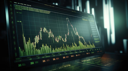 Green stock chart raising profit lots of money, Stock market data.の素材