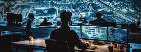 Specialists Working on Desktop Computers With Big LED Screen Shows Surveillance Satellite Data Traffic Footage Reports, City Map.の素材