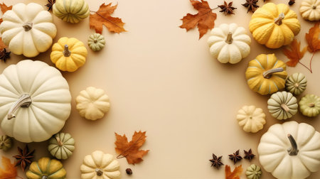 Ripped pumpkins and iconic autumnal elements showcased on a neutral beige background.の素材