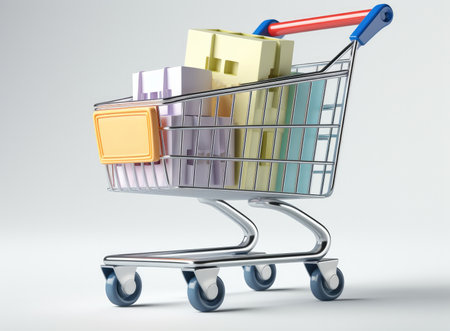 Shopping cart with box on white background.の素材