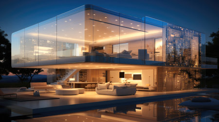 Smart home with devices interconnected and matrix letters around the ambient, Concept smart house 4.0.の素材