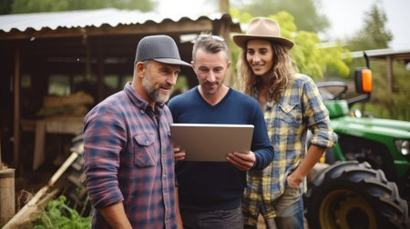 Farmer are discussing with colleagues in farm, About agricultural technologyの素材