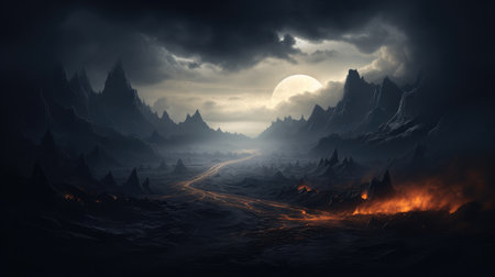 Fantasy art of a beautiful black sand desert and mountain with ominous storm clouds.の素材