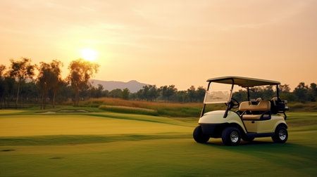 Golf cart car in fairway of golf course with fresh green grass field.の素材