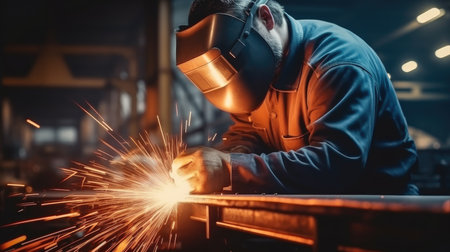Male welder is welding metal at factory.の素材