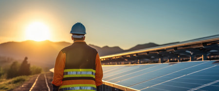 Workers at a renewable energy plan, Man working in solar power station.の素材