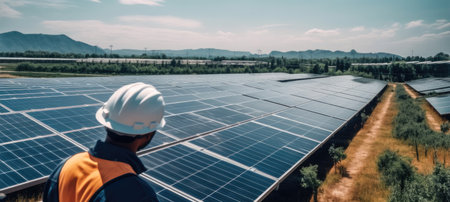 Workers at a renewable energy plan, Man working in solar power station.の素材