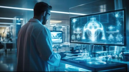 Surgeon operation on heart disease and illness on monitor, Doctor working in futuristic hospital with medical high tech healthcare.の素材