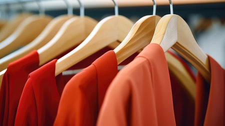 Red and wooden hanger hanging on metal pipe at shopping mall, Business leader selling clothes and style.の素材