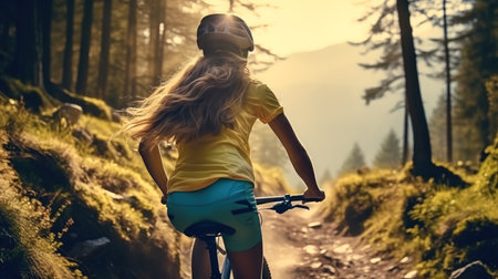 Mountain biking woman riding on bike in forest at mountain.の素材