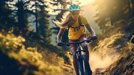 Mountain biking woman riding on bike in forest at mountain.の素材