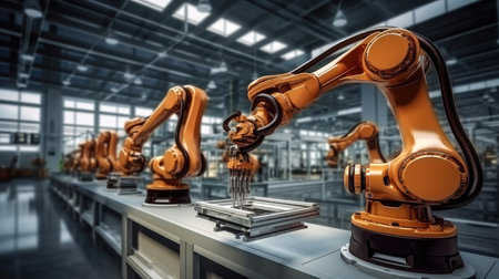 Robot arms machine in intelligent factory industrial on monitoring system software.の素材
