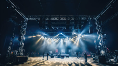 A Live stage production being built in a center stage, Lighting trusses, Stairs and PA systems.の素材