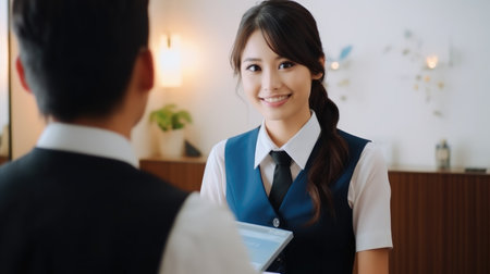 Asian female receptionist comes to ask for information about customers staying at the hotel.の素材