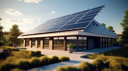Close up of a new building with solar panels on the roof at modern home.の素材