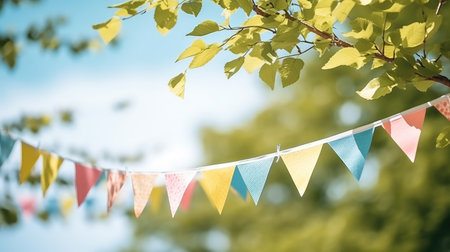 Colorful pennant string decoration in green tree foliage on blue sky with copy space.の素材