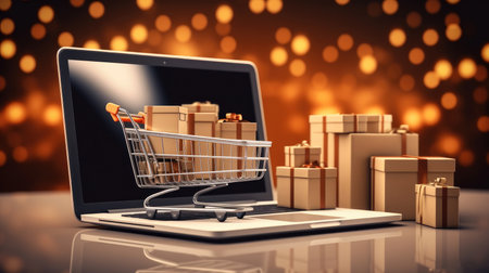 Shopping Cart on Laptop, Online shopping concept.の素材