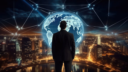 Rear view, Businessman generating wireframe business global network connection on worldwide digital marketing customer data analytics.の素材
