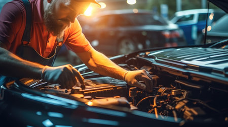 Technician of car mechanic are repairing a car in auto repair shop, maintenance of car battery, Check the electrical system inside the car.の素材