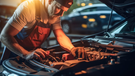 Technician of car mechanic are working in auto repair, Service electric battery and maintenance of car battery.の素材