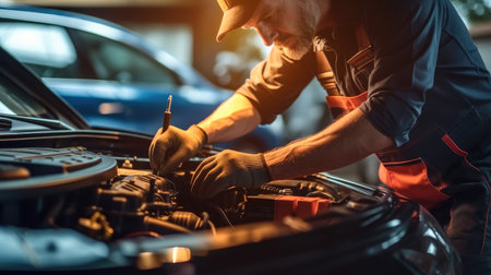 Technician of car mechanic are working in auto repair, Service electric battery and maintenance of car battery.の素材