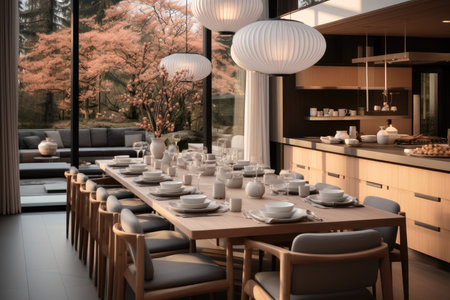 The kitchen and dining room are open and spacious in modern house.の素材