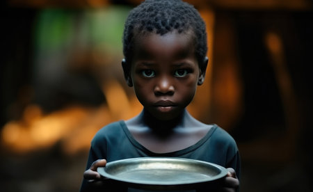 Children malnourished body holding an empty plate in a developing country.の素材