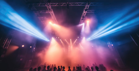 Concert Stage Scenery With Spotlights Colored Lights Smoke, Multicolored.の素材