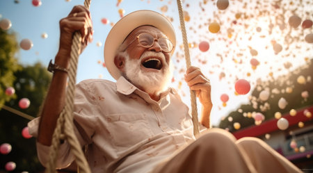 Happy elderly man has fun on the swing, Enjoy and happiness.の素材