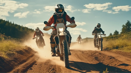 Motocross bikers on a dirt road.の素材