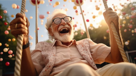 Happy elderly man has fun on the swing, Enjoy and happiness.の素材