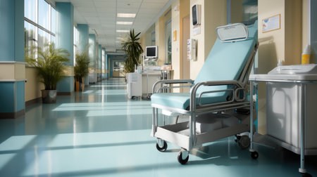 A wheeled cart is placed on the ground in a clean and tidy medical office.の素材