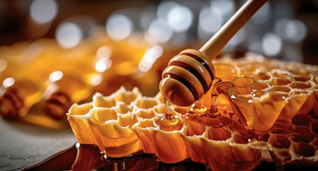 Honeycombs and honey dipper.の素材