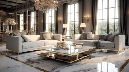 Modern luxury living room. Sleek and minimalist design with luxurious finishes, Polished marble floors and crystal chandeliers.の素材