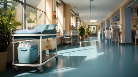 A wheeled cart is placed on the ground in a clean and tidy medical office.の素材