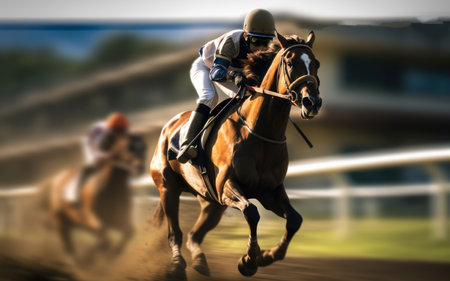 Jockey on racing horse at racetrack, Champion, Horse riding.の素材