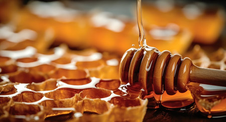 Honeycombs and honey dipper.の素材