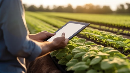Modern agricultural technology, Farmer using a tablet to monitor crop growth and soil health.の素材