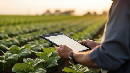 Modern agricultural technology, Farmer using a tablet to monitor crop growth and soil health.の素材