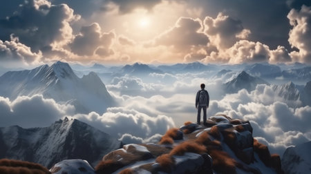 Man with backpack standing on the top of the mountain, Success, Personal growth concept.の素材